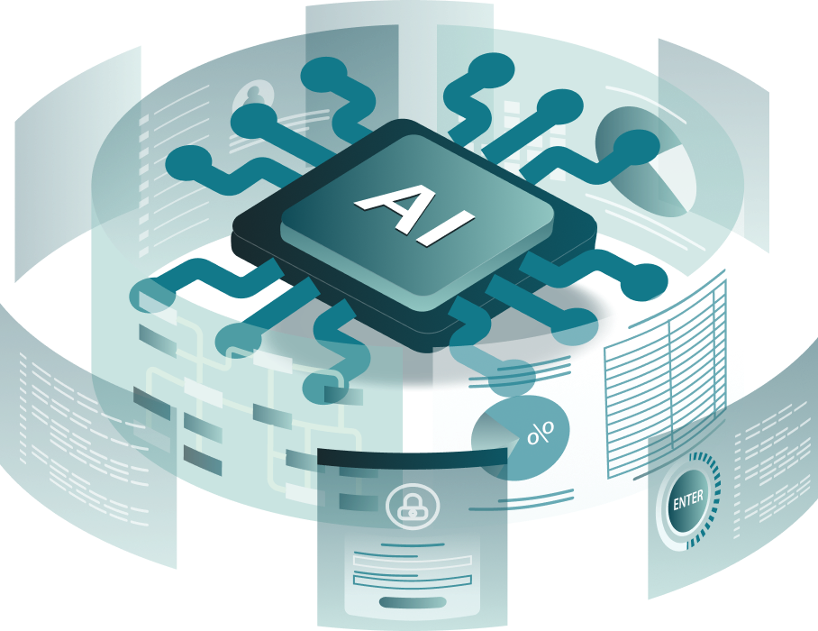 Illustration of a team celebrating successful AI implementation in a modern office